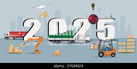 Neujahrs-Hektik für die Lieferung von Neujahrswaren im Neujahrsjahr 2025. Lager, Logistik, Lieferung. Vektor. Stock Vektor