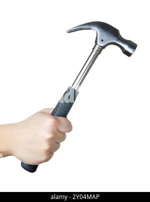 Hand mit einem Hammer auf weißem Hintergrund Stockfoto