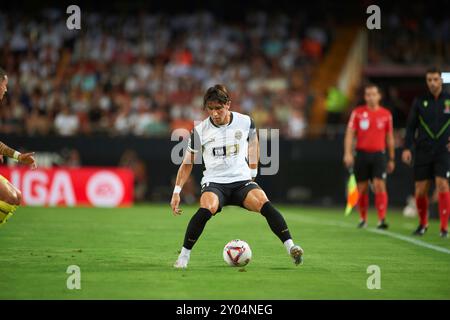 Valencia, Spanien. 31. August 2024. Jesus Vazquez von Valencia CF wurde während des Spiels zwischen Valencia CF und Villareal FC im Mestalla Stadion gesehen. Endpunktzahl: Valencia CF 1:1 Villareal CF. Quelle: SOPA Images Limited/Alamy Live News Stockfoto