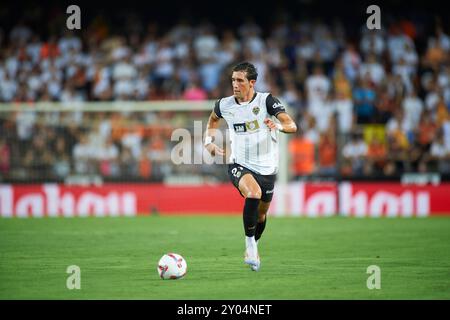 Valencia, Spanien. 31. August 2024. Jesus Vazquez von Valencia CF wurde während des Spiels zwischen Valencia CF und Villareal FC im Mestalla Stadion gesehen. Endpunktzahl: Valencia CF 1:1 Villareal CF. Quelle: SOPA Images Limited/Alamy Live News Stockfoto