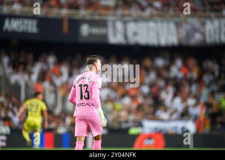 Valencia, Spanien. 31. August 2024. Diego Conde von Villareal CF wurde während des Spiels zwischen Valencia CF und Villareal FC im Mestalla Stadium in Aktion gesehen. Endpunktzahl: Valencia CF 1:1 Villareal CF. Quelle: SOPA Images Limited/Alamy Live News Stockfoto