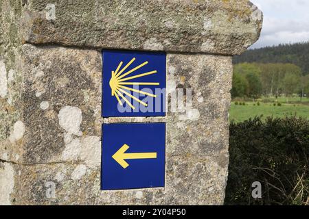 Camino de Santiago Fliesen auf Steinmauer. Jakobsweg Zeichen. Pfeil und Shell. Santiago de Compostela Stockfoto