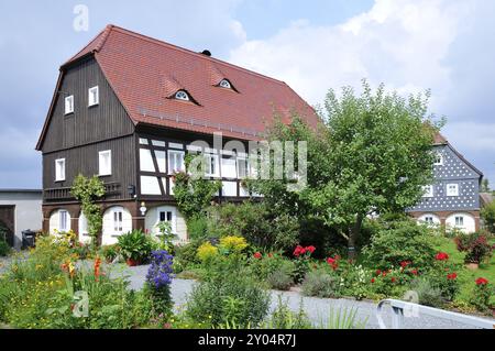 Obercunnersdorf, Museumsdorf in der Gemeinde Kottmar, in Sachsen, Umgebindehaus in der Oberlausitz im Museumsdorf, typische Umgebinde Stockfoto