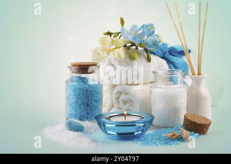 Spa-Umgebung, Aromatherapie und Pflegeprodukte Stockfoto