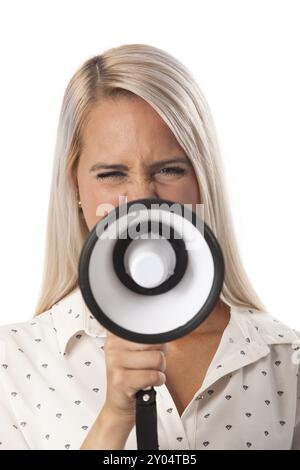 Frau und ein Megafon auf Weiß Stockfoto