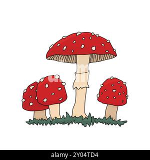 Vektor-Illustration mit vier stilisierten Cartoon-Umriss Fliegenpilze, Amanita muscaria. Rote Kappen mit weißen Punkten auf weißem Hintergrund Stock Vektor