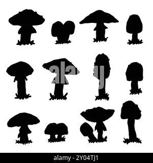 Vektor-Silhouette Set von schwarzen Amanita-Pilzen. Vektorsammlung isolierter Fliegenpilzdarstellungen auf weißem Hintergrund Stock Vektor