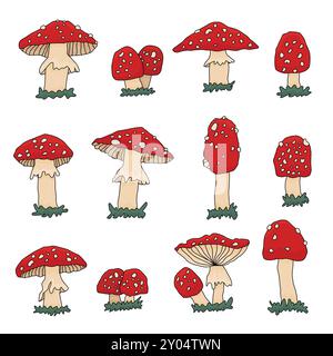 Großer Satz handgezeichneter Amanita-Kröpfchen umrissen Pilze. Vektorsammlung von Fliegenpilz-Zeichentrickdarstellungen auf weißem Hintergrund Stock Vektor