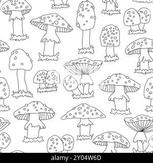 Nahtloses Muster der Amanita-Pilze auf weißem Hintergrund. Vektor-Cartoon Hand gezeichnete Skizze Illustration, die sein kann Stock Vektor