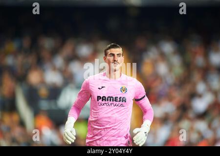 Valencia, Spanien. 31. August 2024. Diego Conde von Villareal CF wurde während des Spiels zwischen Valencia CF und Villareal FC im Mestalla Stadium in Aktion gesehen. Endpunktzahl: Valencia CF 1:1 Villareal CF. (Foto: Vicente Vidal Fernandez/SOPA Images/SIPA USA) Credit: SIPA USA/Alamy Live News Stockfoto