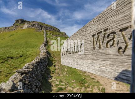 Schild: Pennine Way, gesehen in den Yorkshire Dales zwischen Halton Gill und Horton in Ribblesdale mit dem Pen-Y-Ghent im Hintergrund, North Yorkshire, Stockfoto