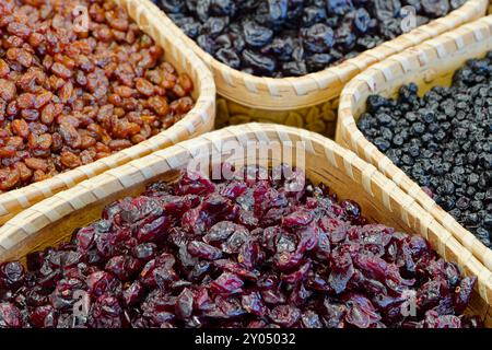 Getrocknete Waldbeeren in Körben, herbstliche Ernte, Nahaufnahme Schuss, gesunde Lebensmittel Hintergrund Stockfoto