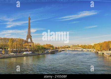 Die Skyline von Paris, Frankreich, am Eiffelturm und an der Fußgängerbrücke auf der seine Stockfoto