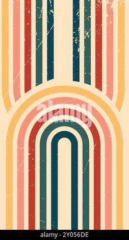 Abstrakter Hintergrund des Regenbogendesigns mit Wavy Line im Vintage Retro-Stil der 1970er Jahre. Alter Vintage Retro Hintergrund, Vektormuster Stock Vektor