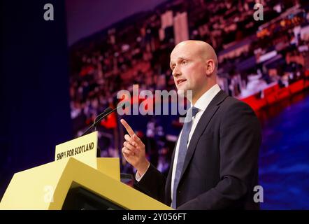 Edinburgh UK, 31. August 2024: Stephen Flynn, Vorsitzender der SNP in Westminster, spricht an die Delegierten auf der jährlichen Konferenz der Partei. Quelle: DB Media S Stockfoto