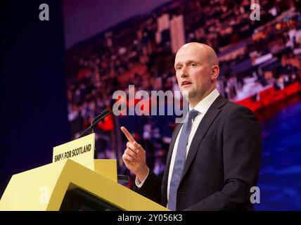 Edinburgh UK, 31. August 2024: Stephen Flynn, Vorsitzender der SNP in Westminster, spricht an die Delegierten auf der jährlichen Konferenz der Partei. Quelle: DB Media S Stockfoto