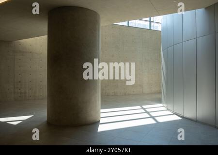 Abstrakter, minimalistischer, moderner architektonischer Raum mit Betonwänden und geschwungenem Element Stockfoto