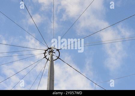 Ein Pol mit angebrachtem Netz erstreckt sich in einen blauen Himmel mit verstreuten Wolken und schafft ein geometrisches Muster, Zoo, Köln, Nordrhein-Westfalen, Deutsch Stockfoto