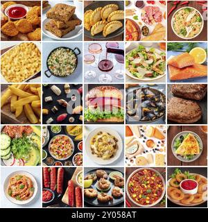 Layout der Food Collage. Eine Auswahl an Gerichten, eine Sammlung für ein Restaurantbanner. Internationale Küche. Burger, Salat und Teller mit italienischen, mexikanischen, A Stockfoto