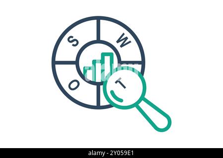 Symbol SWOT-Analyse. Liniensymbolstil. Diagramm mit Vergrößerungsglas. Symbol für SWOT. Vektorillustration für Geschäftselemente Stock Vektor