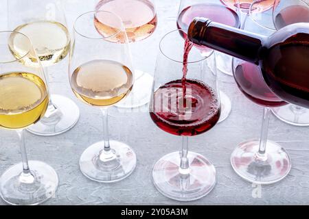 Rotwein wird bei einer Verkostung in ein Glas gegossen. Rose, Rot- und Weißwein, Getränke auf einem Tisch in einem Weingut. Eine Auswahl an Weinen in vielen verschiedenen Farben Stockfoto