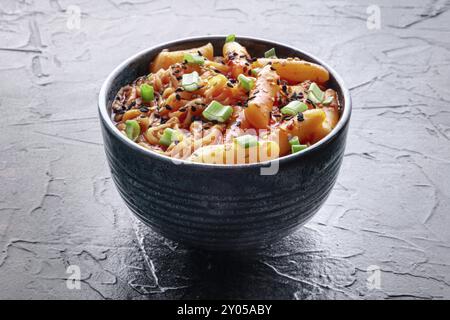 Rabokki, Tteokbokki oder Topokki mit Ramen, koreanischem Street Food, scharfen Reiskuchen in roter Pfeffer-Gochujang-Sauce, ein beliebtes Gericht Stockfoto