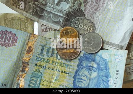 Stapel von Ungarn Forint Banknoten und Münzen Geld Stockfoto