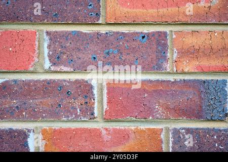 Alte Ziegelsteine in rötlichen Tönen, die Anzeichen von Abblätterungen und Rissen durch Witterungseinflüsse an der Außenwand eines Gebäudes zeigen. Stockfoto
