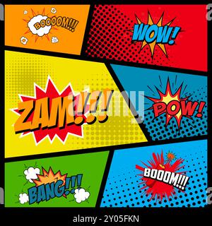 Comic-Sätze in Rahmen. Comic-Explosion. Zam. Pow. Knall. Ausleger. Wow. Stock Vektor