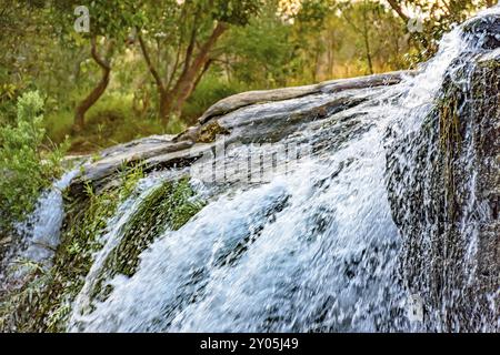 Kleiner Wasserfall mit Wasser über Felsen mit Wald im Hintergrund in Carrancas, Minas Gerais, Brasilien, Südamerika Stockfoto