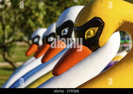 Bunte swan-förmige Tretboot aufgereiht auf der park Gras mit Bäumen im Hintergrund Stockfoto