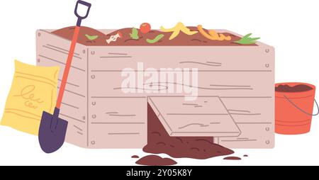 Organischer Abfallhaufen in Holzkiste Farbsymbol isoliert auf weißem Hintergrund Stock Vektor