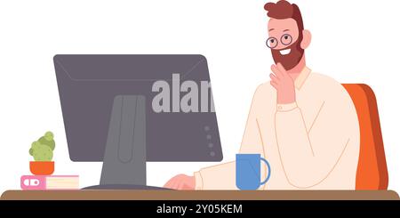 Denkender Mann sitzt am Computer. Lösung des Arbeitsproblems isoliert auf weißem Hintergrund Stock Vektor