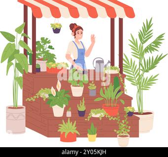 Frauen verkaufen Zimmerpflanzen. Marktstand mit grünen Pflanzen auf weißem Hintergrund Stock Vektor