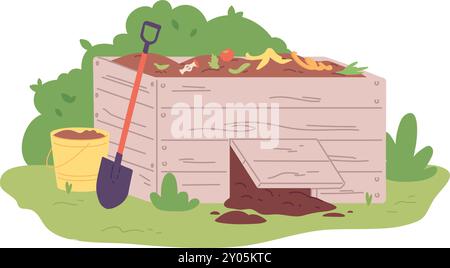 Symbol für Kompostierungsfarbe. Organischer Müll in Holzkiste isoliert auf weißem Hintergrund Stock Vektor