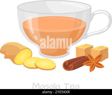 Masala Teetasse aus Glas. Indisches Getränk Illustration isoliert auf weißem Hintergrund Stock Vektor