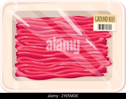 Hackfleisch-Paket. Hackfleisch in Kunststoffschale isoliert auf weißem Hintergrund Stock Vektor