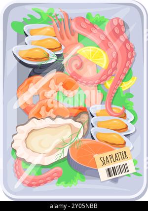 Paket mit Meeresfrüchten. Cartoon Plastikschale Verpackung isoliert auf weißem Hintergrund Stock Vektor