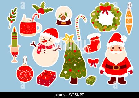 Bildersatz, Aufkleber Neujahr und Weihnachten. Weihnachtsmann, Schneemann, Weihnachtsbaum und mehr. Für Ihr Design. Stock Vektor