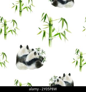 Niedliche Pandabären mit Bambus nahtlosem Aquarellmuster, das ihre Essenz und ihren Lebensraum einfängt Stockfoto