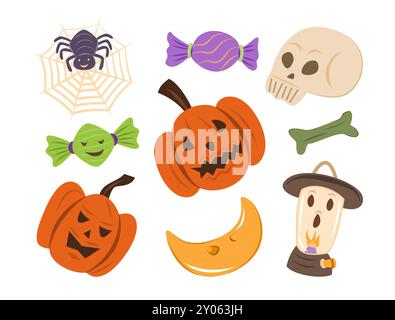 Set mit gruseligen Zeichentrickfiguren und -Elementen für die Halloween-Konzeptillustration Stock Vektor
