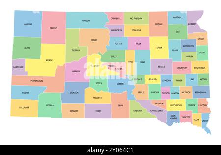 South Dakota, US-Bundesstaat, unterteilt in 66 Countys, mehrfarbige politische Karte mit Hauptstadt Pierre, Grenzen und County-Namen. Stockfoto