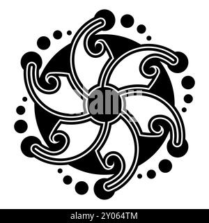 Pinwheel-förmiges Schnittkreismuster. Struktur in Form eines sechszackigen Sterns oder einer Blume mit sechs Blütenblättern, die sich gegen den Uhrzeigersinn drehen. Stockfoto