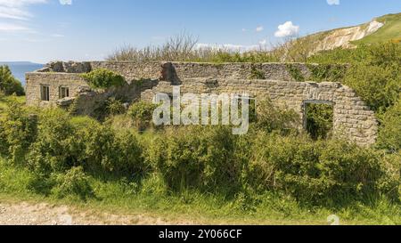 Ruine in dem verlassenen Dorf in der Nähe von Tyneham Kimmeridge, Jurassic Coast, Dorset, Großbritannien Stockfoto