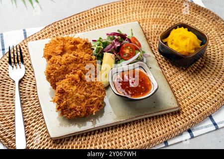 Gebratene Garnelen, Brötchen, gereifter roher Fisch, roher Fisch, Meeresfrüchte weiß, Meeresfrüchte, Schnitzel, weicher Tofu, Pollack Ree Käse Kartoffel, Reh, Käse, Kartoffel, Schweinefleisch, grill Stockfoto