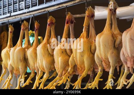 Foto von gerupften Hühnern, die auf dem Markt in Huaraz, Peru, Südamerika hängen Stockfoto