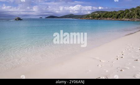 Blick auf Whitehaven Beach auf Whitsunday Island in Queensland, Australien mit einem Touristenboot im Hintergrund. Es ist bekannt für seine schöne W Stockfoto