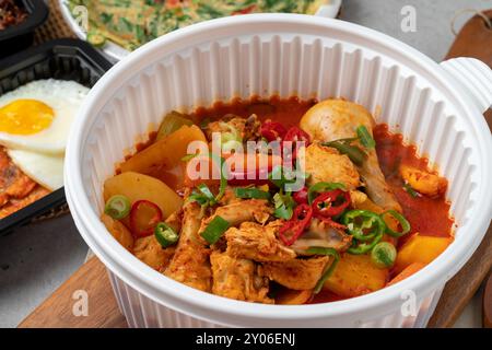 Koreanisches Essen, geschmortes scharfes Huhn, Schweinefleisch, Kimchi-Eintopf, Tintenfisch, Pfannenbraten, rote Chilipaste jjigae, gebratenes scharfes Schweinefleisch, Rinderbrust, Schweinekotelett, seaf Stockfoto