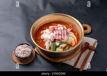 Koreanisches Essen, koreanisches Rindfleisch, Rindfleisch, Bibimbap, Reissuppe, rohes Fleisch, Kimchi-Eintopf, Eintopf, Rindertatar, Beilagen, scharf, Tofu Stockfoto