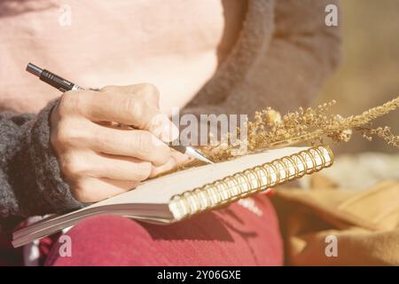 Nahaufnahme der Hände eines Mädchens, das ein leeres Notizbuch hält. Ein trockener Strauß Kräuter in der Hand und ein Bleistift. Reise-Designer-Künstler Stockfoto
